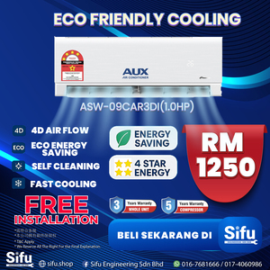 Promotional graphic for AUX ASW-09CAR3DI 1.0HP air conditioner featuring 4D airflow, eco energy saving, fast cooling, and free installation.